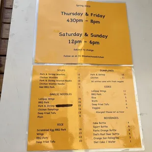 menu and hours as of 5/28/23