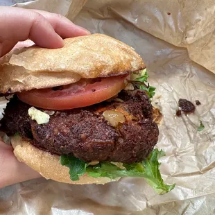 SUPERFREE BURGER (vegan) sweet potato, roasted mushrooms, walnuts and seed patty