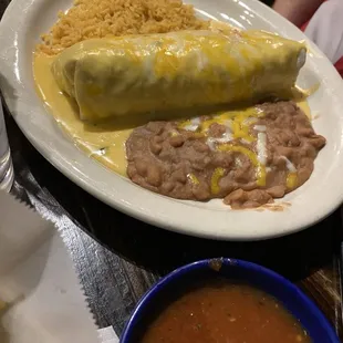 Burrito Grande with Queso, rice, and refried beans