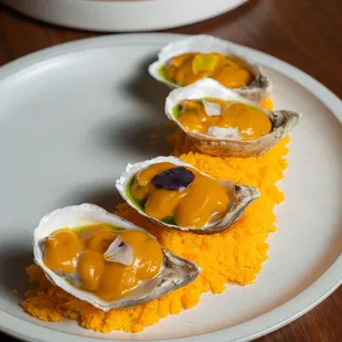 three oysters on a bed of rice