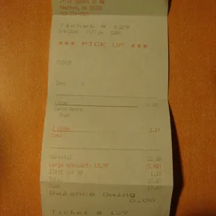 Final tab - 2 liter soda &amp; large specialty pizza.