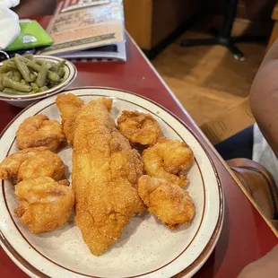 Catfish Fillets and Fried Shrimp with side of bland string beans