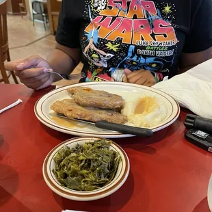 Smothered Pork Chops&amp;  Greens - with Side Mashed Potatoes &amp; Gravy - Side