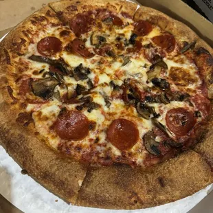 Pepperoni and mushroom. Large.