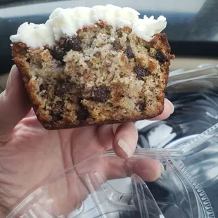 Inside alot of chocolate chips chocolate banana muffin