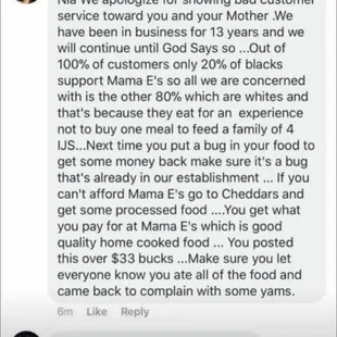 Here is managements to a roach in the food of a customer!