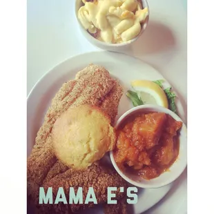 Catfish, Mac and Cheese, and Sweet Potatoes