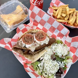 Gyro, Greek Salad, Fries and Dessert.