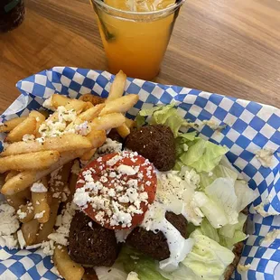 Falafel wrap and feta fries