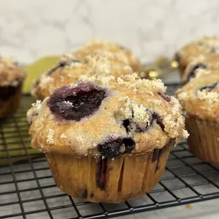 blueberry muffins on a cooling rack