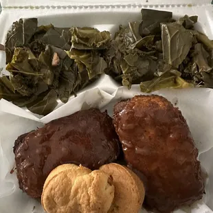 Meatloaf with greens and cornbread.