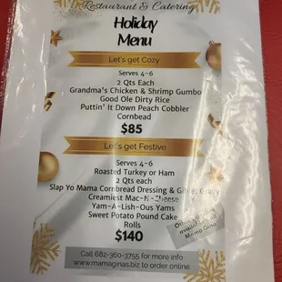 Holiday menu