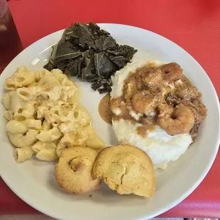 Shrimp and grits, collards, mac and cheese