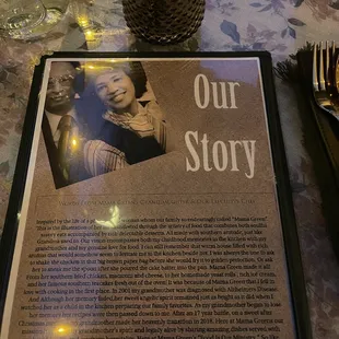 Menu with our story