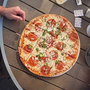 Always reliable thin crust MN tavern style square cut pizza.   * Pepperoni, onion &amp; jalapeño