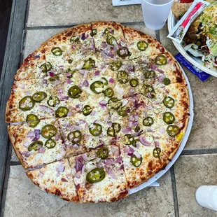 I call this the Breath Freshener.  Garlic, Jalapeño &amp; Red Onion Pizza.  Really solid pizza, despite my obscene toppings combo.