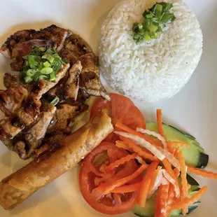 Rice with grilled pork and egg roll