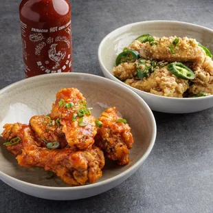 Crispy Chicken Wings: Sriracha Honey (Left) and Spicy Salt 'N Pepper (Right)