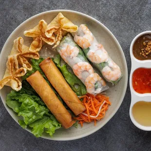 Appetizer Trio: Spring Rolls, Egg Rolls, Cream Cheese Wontons with Assorted Sauces