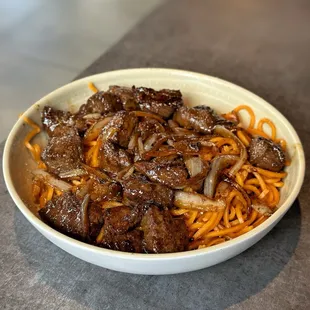 SHAKEN BEEF GARLIC NOODLES |  Mì Trắng Bò Lúc Lắc Diced Tenderloin Steak wok-fried with Butter and Onions.