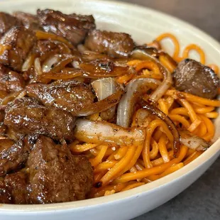 SHAKEN BEEF GARLIC NOODLES |  Mì Trắng Bò Lúc Lắc Diced Tenderloin Steak wok-fried with Butter and Onions.