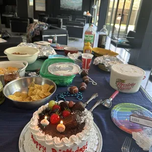 The tres leches cake with candles for our two birthdays on the same day.