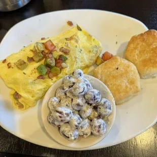BYO Omelet with grape salad and biscuits