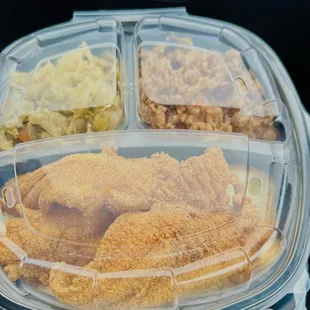 Fried Catfish dinner (Take-out) with two sides; cabbage and red beans and rice