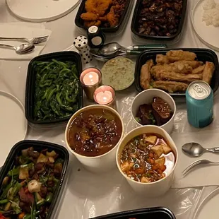 Clockwise from top: Dry fried green beans, Beijing Style Chicken and Eggplant, Crispy Eggplant, Shrimp stuffed eggplant...