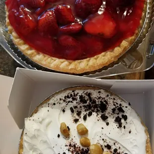 Small peanut butter swirl and medium strawberry cheese pies