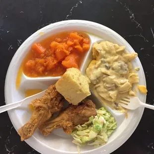 Fried Chicken, yams, noodle casserole and great cornbread