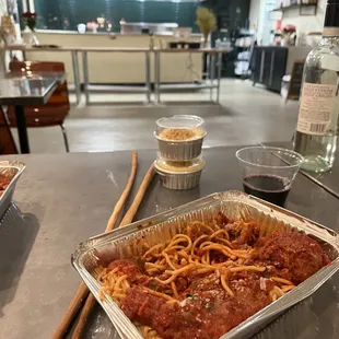 Sauce + Meatballs, with homemade crunchy breadsticks and cheesecake