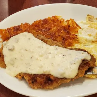 Traditional Signature Two Egg Breakfast with Chicken Fried Steak and Extra Crunchy Hash Browns