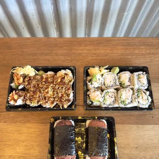 Shrimp crunch roll, California roll, spam musubi