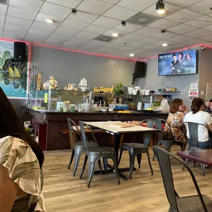 people sitting at tables in a restaurant
