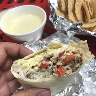 Steak Burrito and Chips &amp; Queso.