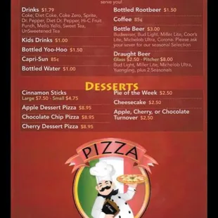 a menu for pizza