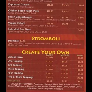 a menu with prices