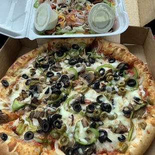 Veggie pizza and chef salad.