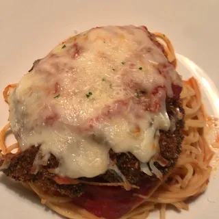 Chicken Parmigiana over Spaghetti