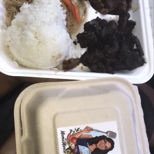 Beef steak and chocolate meat! rice and pancit.
