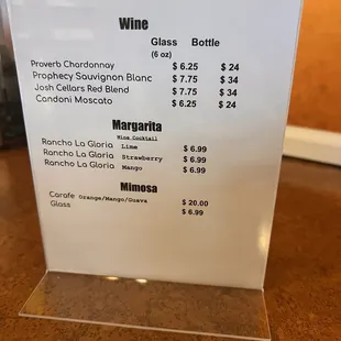 a menu for a wine tasting
