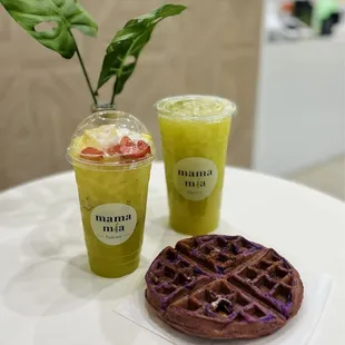 Taro mochi waffle, mama Mia special, kumquat sugar cane juice