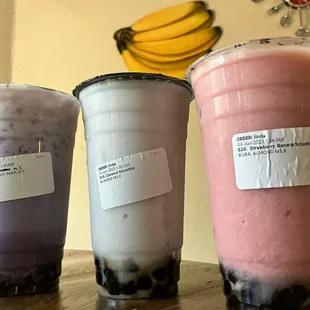 Taro Milk Tea 26%, Coconut Smoothie &amp; Strawberry Banana Smoothie. All with Boba and delicious  ~L.