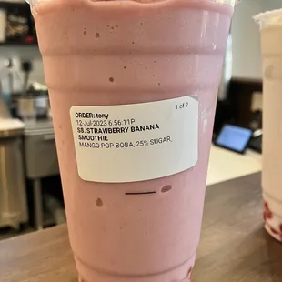 S8. Strawberry Banana Smoothie 25% Sugar with Mango Pop Boba! ~L.