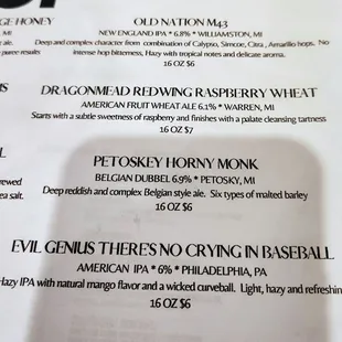 Adult drinks menu
