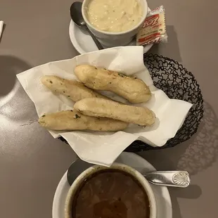 Hearty Italian Minestrone Soup, garlic breadsticks, and cream of chicken soup