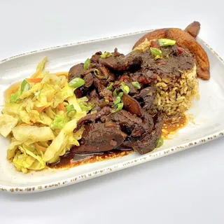 Brown Stew Chicken with Rice and Peas