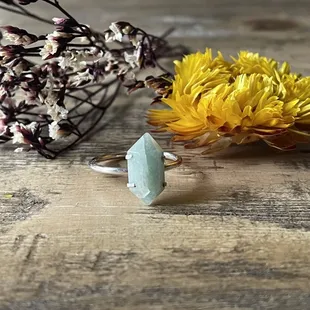 Aquamarine Double Pointed Sterling Silver Ring