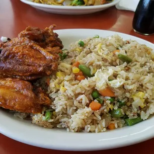 Delicious fried rice done exactly right, and hot wings too!